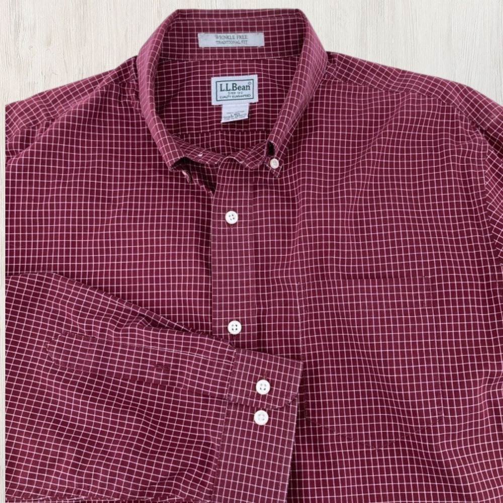 LL Bean Mens L Burgundy Micro Grid Check Wrinkle Free Button Down Shirt Holiday